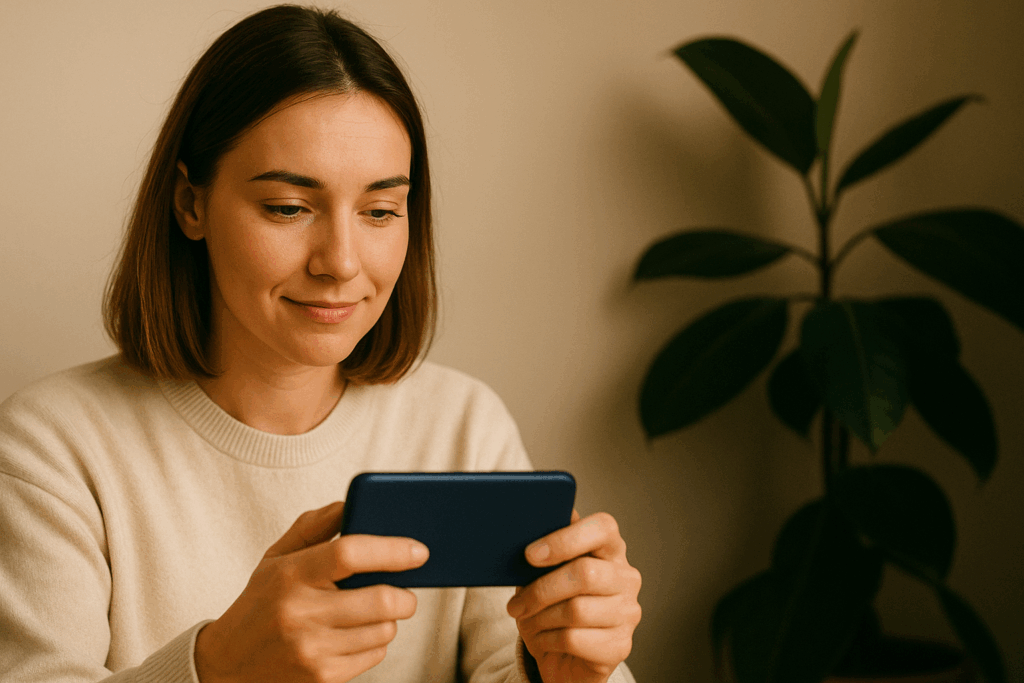 Mulher com expressão satisfeita segura um smartphone com as duas mãos, olhando para a tela com leve sorriso, em um ambiente interno aconchegante com planta ao fundo, sugerindo uma experiência positiva ao usar um assistente de IA como DeepSeek ou ChatGPT.