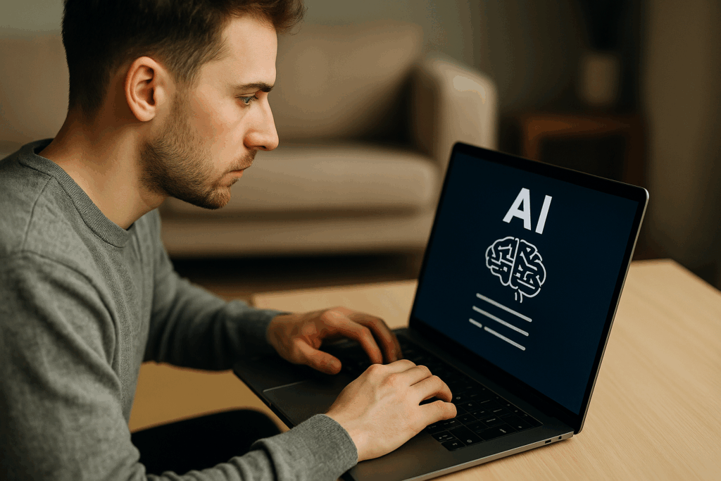 Homem observa atentamente a tela de um notebook que exibe a palavra “AI” acompanhada de um ícone de cérebro digital, indicando o uso ou análise de inteligência artificial em um ambiente doméstico ou de trabalho.