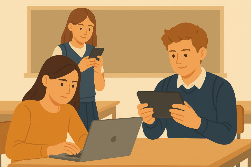 Ilustração de três estudantes em sala de aula usando diferentes dispositivos digitais — uma aluna com notebook, um aluno com tablet e outra aluna em pé utilizando um smartphone — representando o uso de tecnologia no ambiente educacional e o foco do PISA 2025 na avaliação de habilidades digitais.