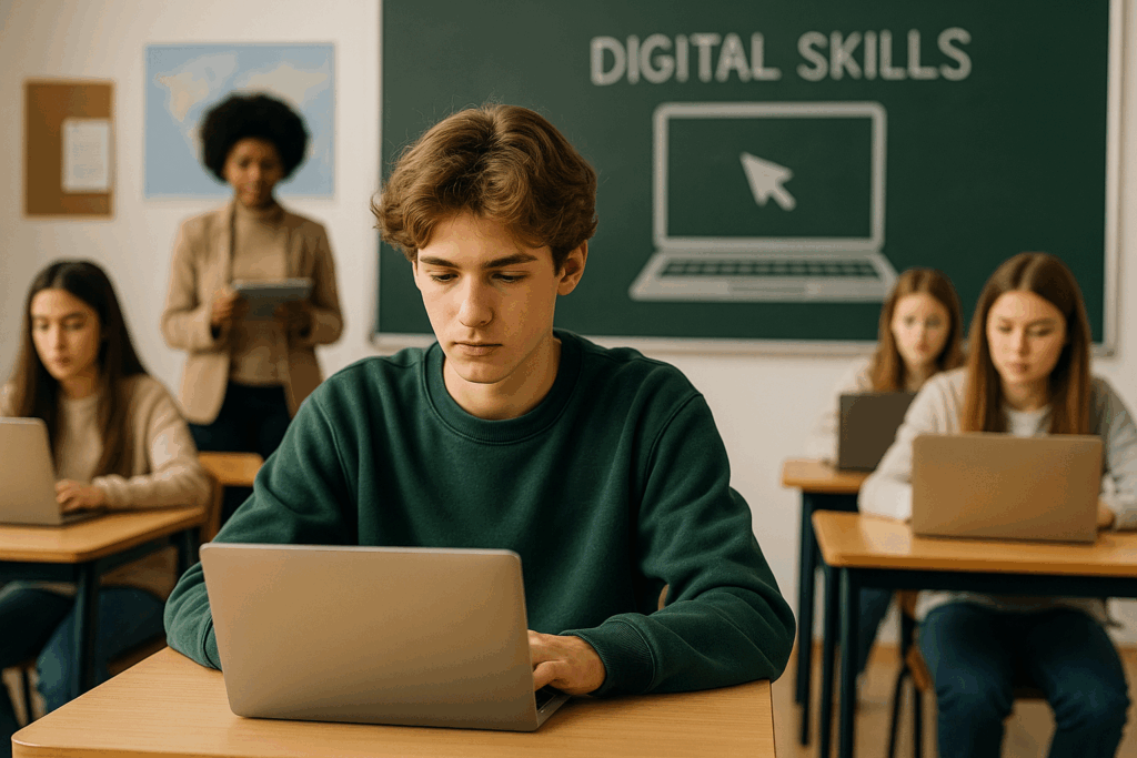 Jovens estudantes utilizam notebooks em sala de aula enquanto uma professora observa ao fundo com um tablet nas mãos. No quadro negro está escrito “Digital Skills”, representando o foco no desenvolvimento e avaliação de competências digitais.