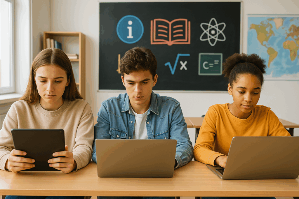 Três adolescentes estão sentados lado a lado em uma sala de aula, utilizando dispositivos digitais — uma aluna com tablet e dois alunos com notebooks. Ao fundo, o quadro negro exibe ícones de ciência, matemática e leitura, representando o ambiente educacional moderno. A cena ilustra o foco da avaliação do PISA 2025 em competências digitais.