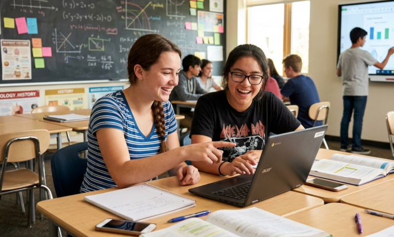 Duas alunas em sala de aula interagem com um notebook em cima da carteira escolar, enquanto sorriem e conversam. Ao fundo, o ambiente é decorado com materiais escolares e quadro-negro, representando um cenário de aprendizado colaborativo e digital.