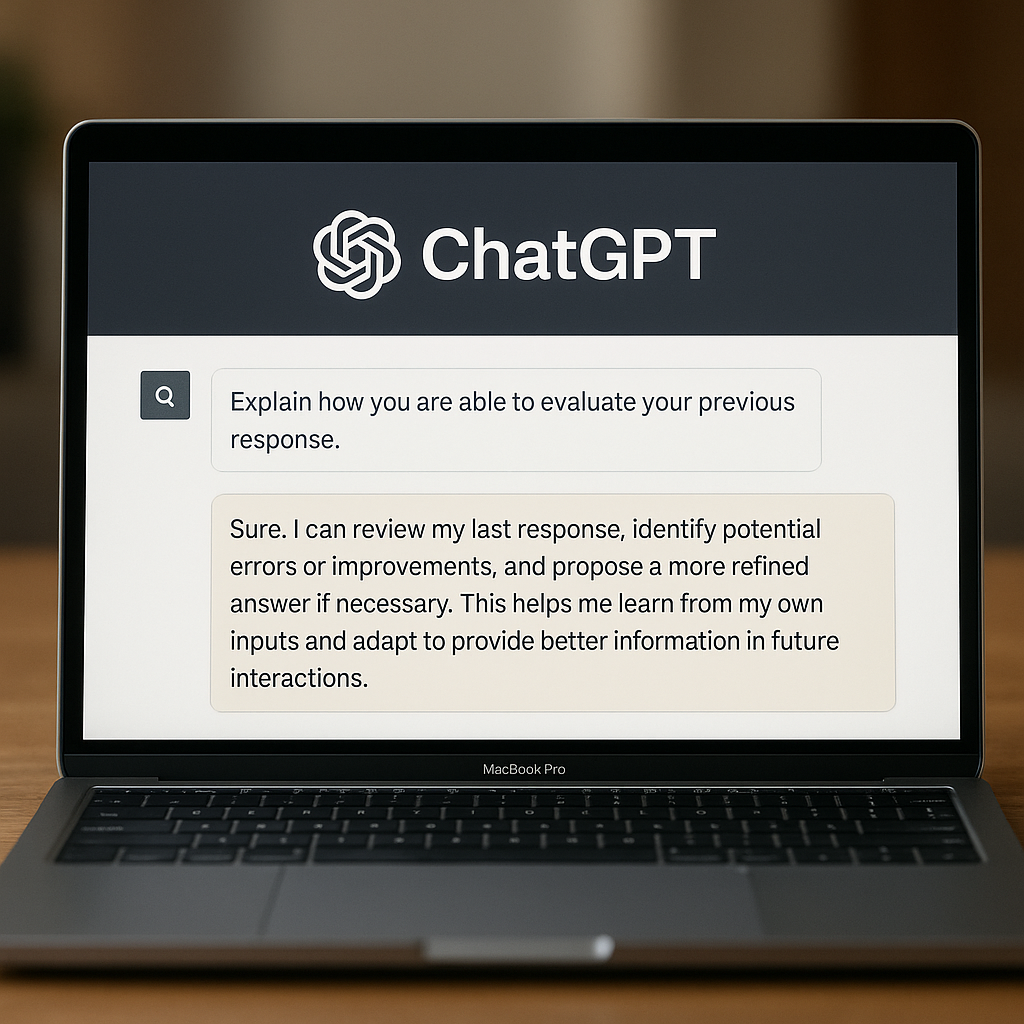 Tela de notebook exibe a interface do ChatGPT com a pergunta “Explain how you are able to evaluate your previous response” e uma resposta explicando a capacidade do modelo de revisar, identificar erros e propor melhorias nas interações futuras.