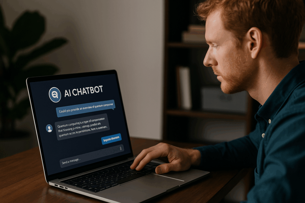 Homem ruivo, sentado à mesa, observa atentamente a tela de seu notebook, onde está aberto um chatbot de inteligência artificial com a pergunta "Could you provide an overview of quantum computing?" e uma resposta com erros e trechos desconexos, indicando um possível teste de revisão ou necessidade de refinamento do conteúdo gerado pela IA.