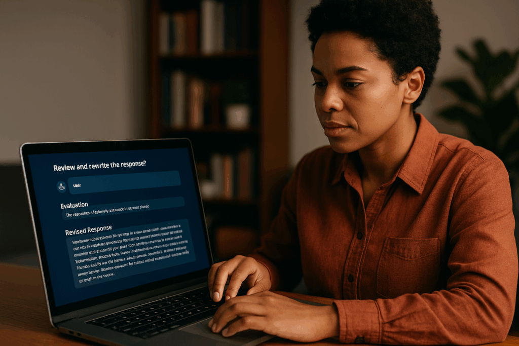 Mulher analisa a tela de um notebook que mostra a interface de avaliação e reescrita de resposta de um chatbot. A tela exibe uma seção de "Evaluation" seguida por uma "Revised Response", sugerindo o uso da função de reflexão para melhorar o conteúdo gerado pela IA.