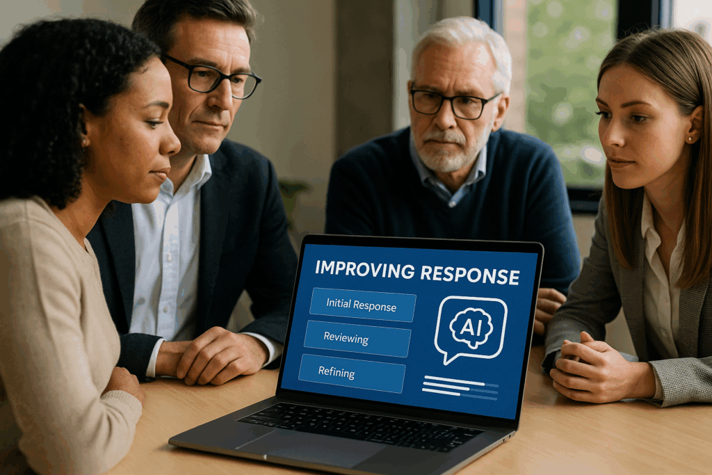 Quatro profissionais observam juntos a tela de um notebook com a interface exibindo os termos “Improving Response”, “Initial Response”, “Reviewing” e “Refining”, representando o processo de reflexão e reescrita de respostas por inteligência artificial.