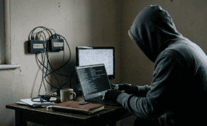 Uma imagem de alto contraste mostra um hacker encapuzado em um quarto escuro, sentado em frente a dois computadores. Ele está usando um moletom preto e um par de luvas. O computador à esquerda tem uma tela preta com o texto "BadBox" escrito em branco. O computador à direita tem uma tela preta com o texto "C:> BadBox" escrito em branco. O hacker está olhando para os computadores e tem as mãos nos teclados. A imagem é de alto contraste, com cores vibrantes e sombras profundas. O hacker e os computadores são o foco da imagem, e o fundo é desfocado. A imagem transmite uma sensação de mistério e intriga.
