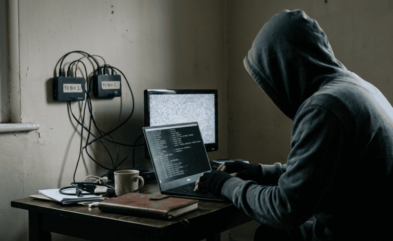 Uma imagem de alto contraste mostra um hacker encapuzado em um quarto escuro, sentado em frente a dois computadores. Ele está usando um moletom preto e um par de luvas. O computador à esquerda tem uma tela preta com o texto "BadBox" escrito em branco. O computador à direita tem uma tela preta com o texto "C:> BadBox" escrito em branco. O hacker está olhando para os computadores e tem as mãos nos teclados. A imagem é de alto contraste, com cores vibrantes e sombras profundas. O hacker e os computadores são o foco da imagem, e o fundo é desfocado. A imagem transmite uma sensação de mistério e intriga.