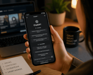 Pessoa segurando smartphone com a interface do ChatGPT aberta, representando o uso de inteligência artificial generativa na criação de conteúdos por meio de assistentes virtuais.