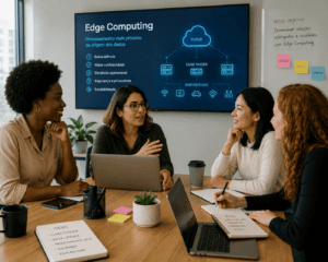 Mulheres diversas em reunião colaborativa com notebook, discutindo soluções tecnológicas baseadas em Edge Computing.