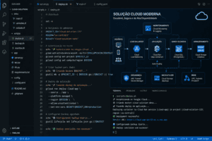 Tela de computador com códigos de programação e links de scripts, representando soluções modernas de Cloud Computing para hospedagem e processamento de dados online.