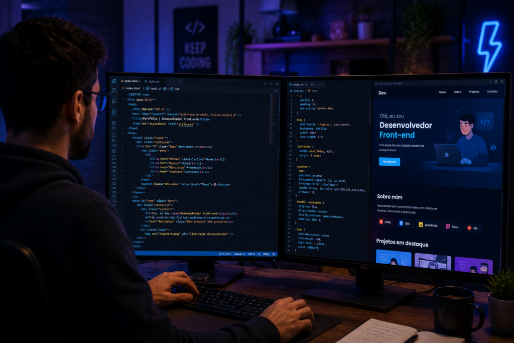 Pessoa desenvolvendo front-end em tela de computador com códigos HTML e CSS.