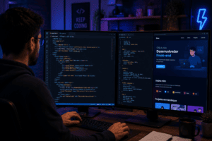 Pessoa desenvolvendo front-end em tela de computador com códigos HTML e CSS.