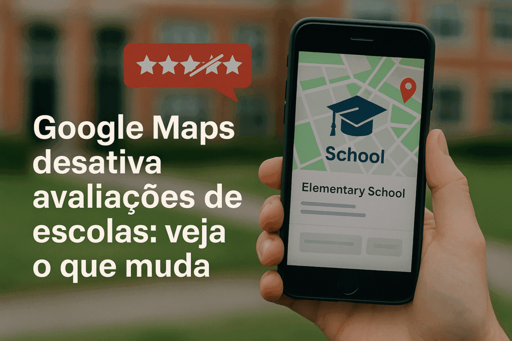 Mão segurando um smartphone com a tela exibindo um mapa com marcador de localização para "School" (escola), enquanto ao lado há um balão gráfico com estrelas de avaliação e um risco sobre elas, simbolizando a remoção de reviews no Google Maps. Texto na imagem informa: “Google Maps desativa avaliações de escolas: veja o que muda”.