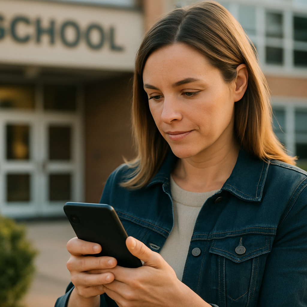 Mulher em frente a uma escola segura um celular com ambas as mãos e observa a tela com expressão concentrada, sugerindo que está consultando informações online sobre a instituição.