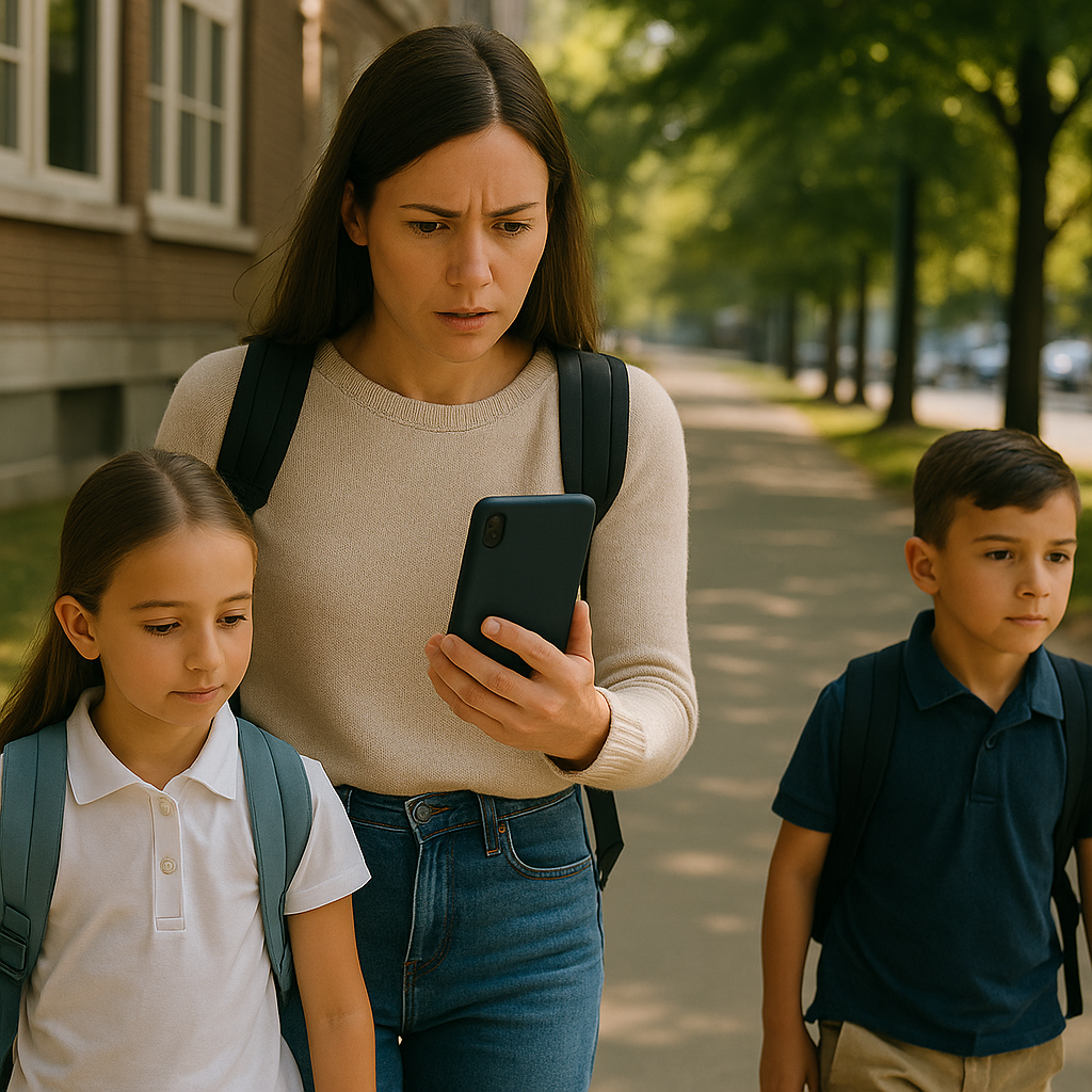 Mulher com expressão de surpresa ou preocupação olha para o celular enquanto caminha ao lado de duas crianças com mochilas escolares, em frente a uma escola, sugerindo que está tentando acessar avaliações ou informações sobre a instituição.