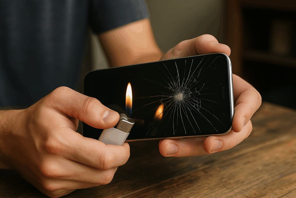 Pessoa segura um smartphone com a tela visivelmente trincada enquanto aproxima um isqueiro aceso da superfície, simulando um teste de resistência ao calor ou representando um ato imprudente que pode agravar os danos no aparelho.