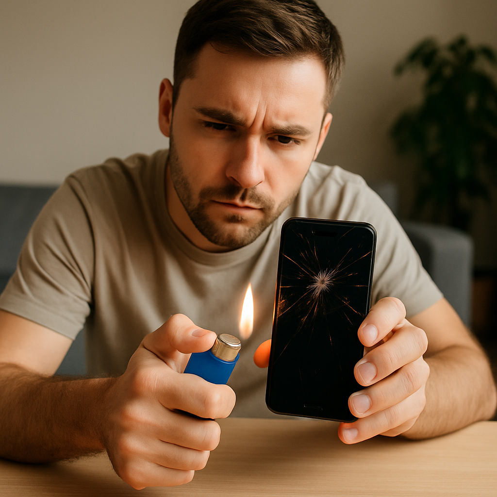 Homem segura um celular com a tela completamente trincada em uma mão e um isqueiro aceso na outra, observando com expressão séria enquanto aproxima a chama da tela rachada do aparelho.