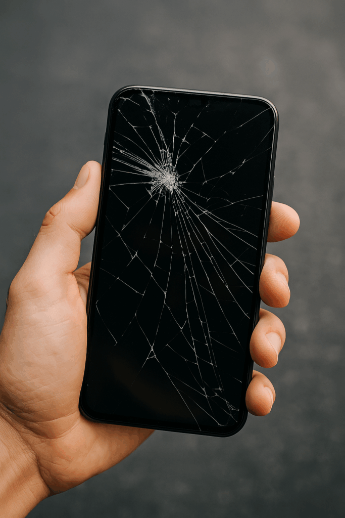 Mão segura um smartphone com a tela totalmente estilhaçada, exibindo rachaduras que se espalham a partir de um ponto de impacto central no vidro, com fundo neutro desfocado.