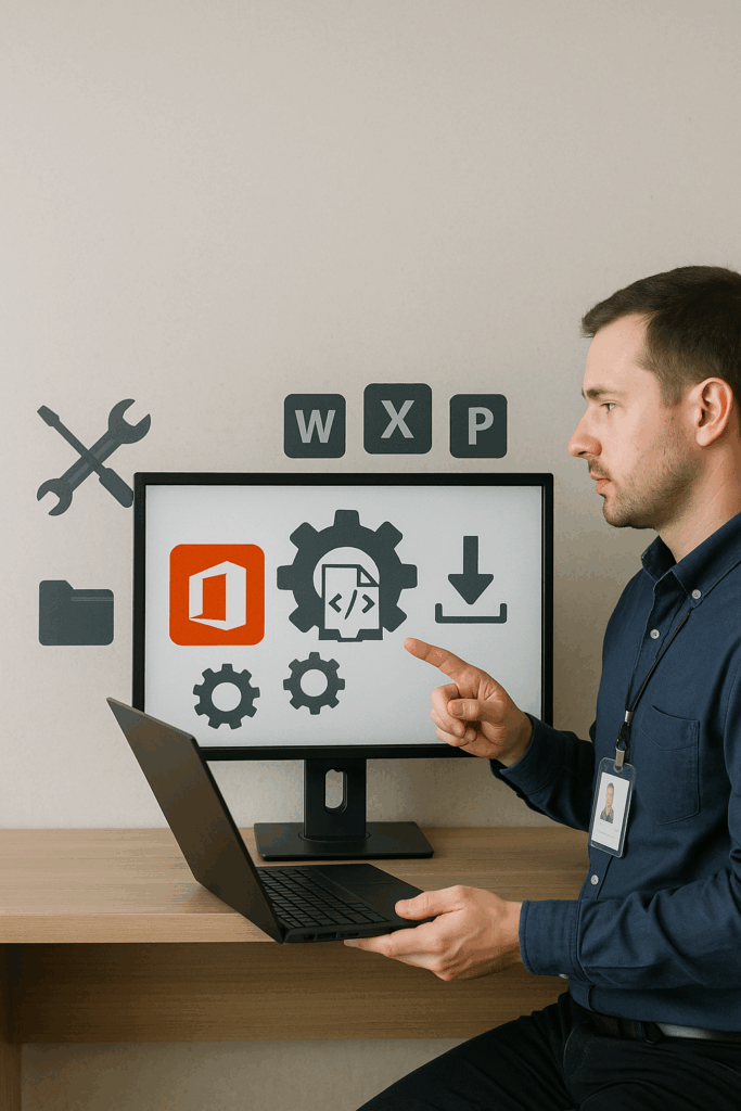 Profissional de TI aponta para a tela de um computador com ícones relacionados à implantação de software, como engrenagens, download e o logotipo do Microsoft Office, representando o uso do Office Deployment Tool para instalação e configuração do pacote Office com eficiência e controle centralizado.