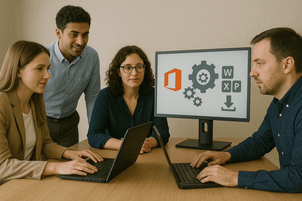 Quatro profissionais de tecnologia reúnem-se em uma mesa de reunião com notebooks, observando uma tela que exibe ícones relacionados à implantação do Microsoft Office com engrenagens, símbolo de download e o logotipo do Office.