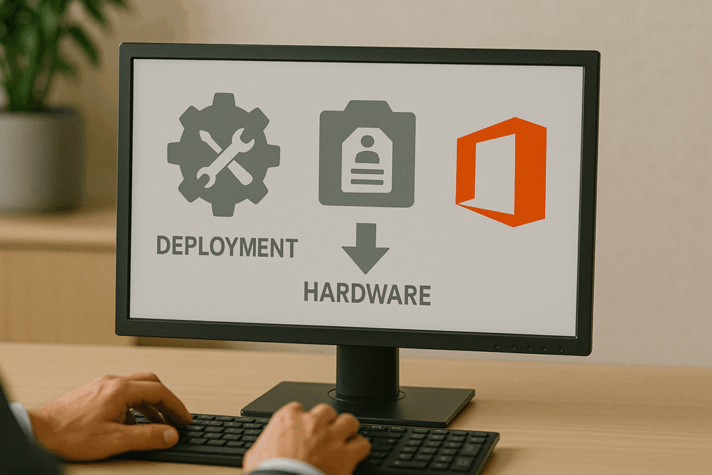 Tela de computador exibe ícones relacionados ao processo de implantação de software, com uma engrenagem e chave inglesa representando "Deployment", um cartão de identificação representando "Hardware", e o logotipo do Microsoft Office ao lado.