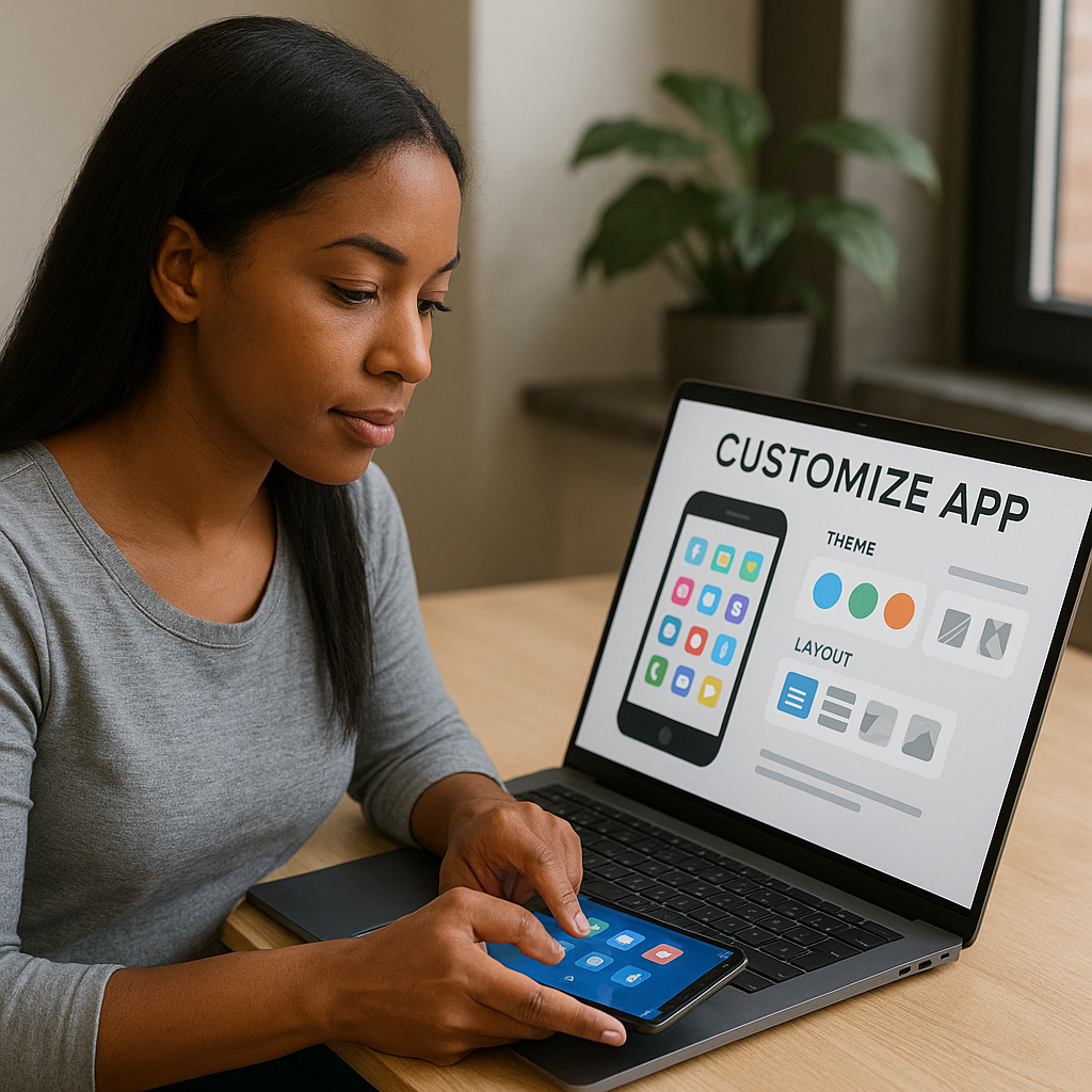 Mulher usando smartphone e notebook ao mesmo tempo, com a tela do laptop exibindo uma interface de personalização de aplicativos, incluindo opções de tema, layout e ícones, sugerindo modificações visuais e funcionais em apps móveis.