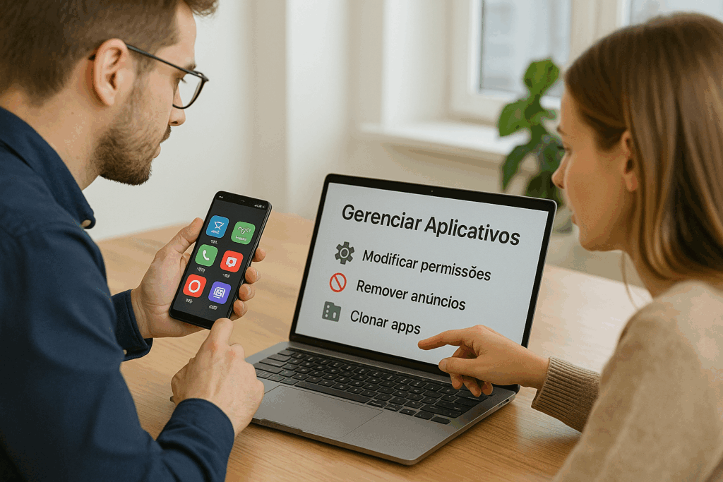 Homem segura um smartphone com vários aplicativos na tela, enquanto uma mulher aponta para um notebook com a interface "Gerenciar Aplicativos", exibindo as opções: Modificar permissões, Remover anúncios e Clonar apps, funcionalidades associadas ao uso do Lucky Patcher.
