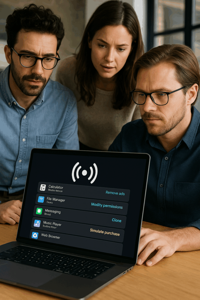 Três pessoas observam atentamente a tela de um notebook que exibe uma interface semelhante à do Lucky Patcher, com opções como “Remove ads”, “Modify permissions”, “Clone” e “Simulate purchase” aplicadas a diferentes aplicativos listados.