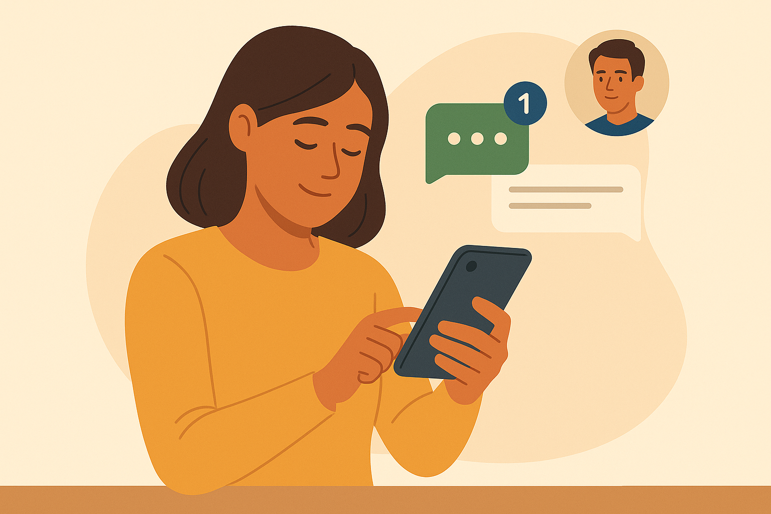 Ilustração de uma mulher sorridente utilizando o celular, com ícones de mensagem e notificação representando uma conversa privada no WhatsApp.