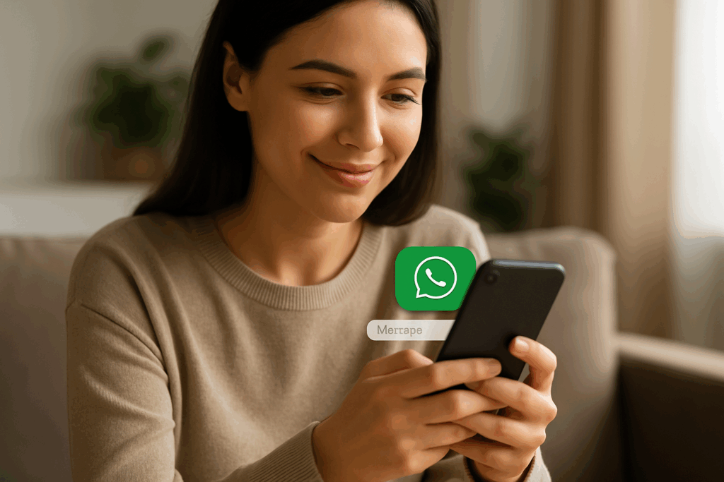 Mulher segurando um smartphone com ícone flutuante do WhatsApp e interface da Meta, representando o uso de recursos de privacidade no aplicativo.