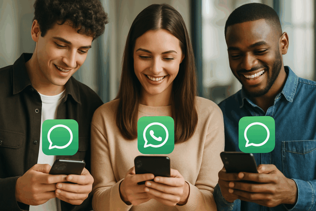 Três pessoas usando smartphones com ícone de mensagem sobreposto, simbolizando o novo recurso de privacidade em aplicativos de conversa como o WhatsApp.