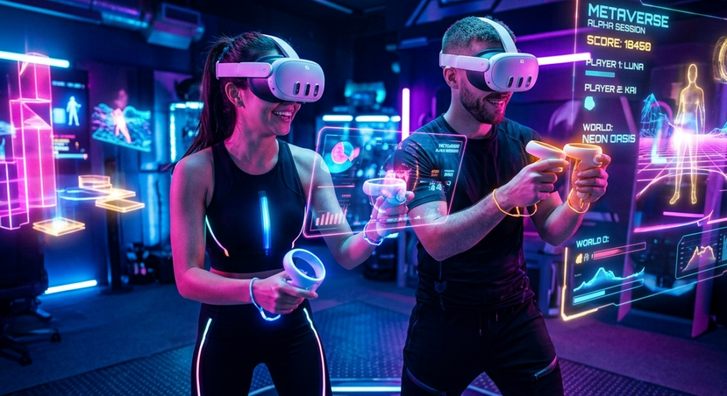 Duas pessoas utilizando headsets de realidade virtual e controles manuais em ambiente neon, demonstrando imersão no metaverso.