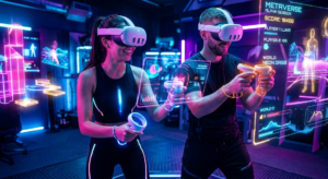 Duas pessoas utilizando headsets de realidade virtual e controles manuais em ambiente neon, demonstrando imersão no metaverso.