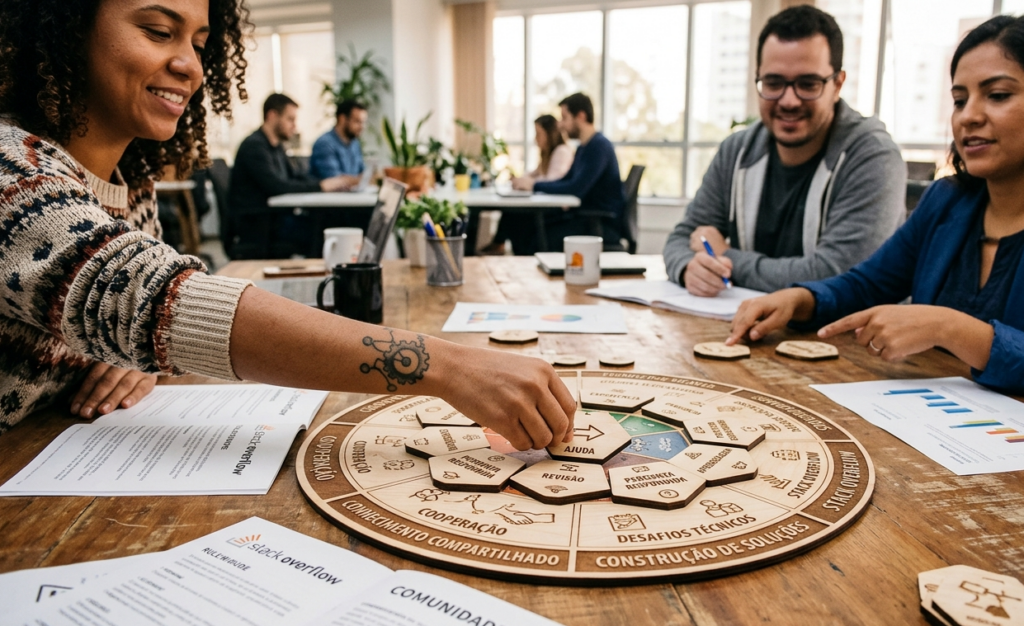Pessoa movendo peças em um jogo de tabuleiro, simbolizando a troca de conhecimento, colaboração e construção coletiva de soluções — conceitos centrais no Stack Overflow.