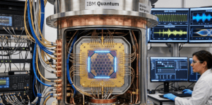 Uma imagem de close-up do processador quântico IBM de 127 qubits dentro do refrigerador de diluição. A foto mostra o hardware complexo e as conexões de fiação, junto com um monitor com os resultados.