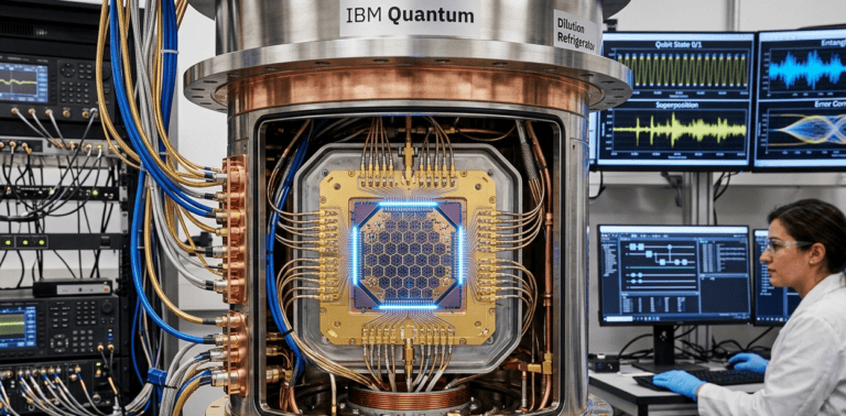Uma imagem de close-up do processador quântico IBM de 127 qubits dentro do refrigerador de diluição. A foto mostra o hardware complexo e as conexões de fiação, junto com um monitor com os resultados.