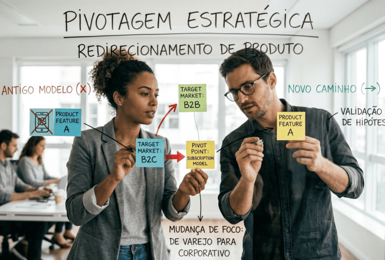 Duas pessoas ajustando estrutura de layout em quadro branco, simbolizando mudanças estratégicas e redirecionamento de produto, conceito central do pivotar.