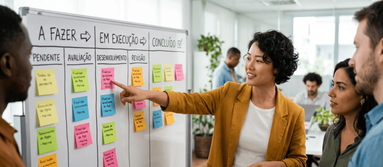 Pessoa apontando para post-its coloridos organizados em um quadro branco, representando a metodologia Kanban de gestão visual de tarefas e fluxo de trabalho.