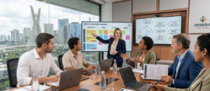 Profissionais em reunião executiva em sala corporativa moderna, representando a colaboração entre times no planejamento de funcionalidades baseadas em histórias de usuário.