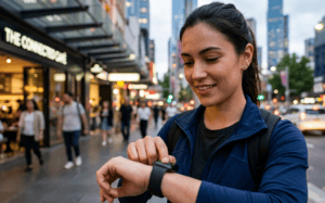Pessoa interagindo com smartwatch preto, representando tecnologia vestível conectada à Internet das Coisas.