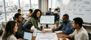 Equipe de profissionais analisando fluxos e documentos em reunião estratégica, simbolizando a integração contínua (CI) e a entrega contínua (CD) para acelerar e garantir qualidade no desenvolvimento de software.