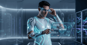 Homem com visor tecnológico futurista, vestindo roupa branca, simbolizando inovação e realidade aumentada.
