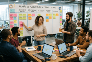 Equipe ágil em reunião de planejamento utilizando post-its em quadro de tarefas, representando a metodologia Scrum aplicada à gestão de projetos e desenvolvimento de produtos.