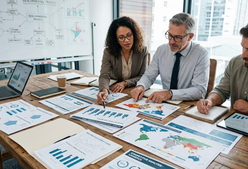 Sobre a mesa, relatórios de desempenho com gráficos, dados e mapas representam a análise comparativa de métricas em processos de benchmarking estratégico, enquanto pessoas discutem sobre o tema.