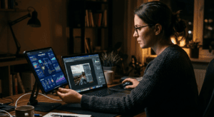 Pessoa trabalhando em ambiente escuro, usando um notebook com software de edição de imagens e, simultaneamente, um tablet para visualização de gráficos ou fluxos digitais, simbolizando a integração entre ferramentas na digitalização de processos.