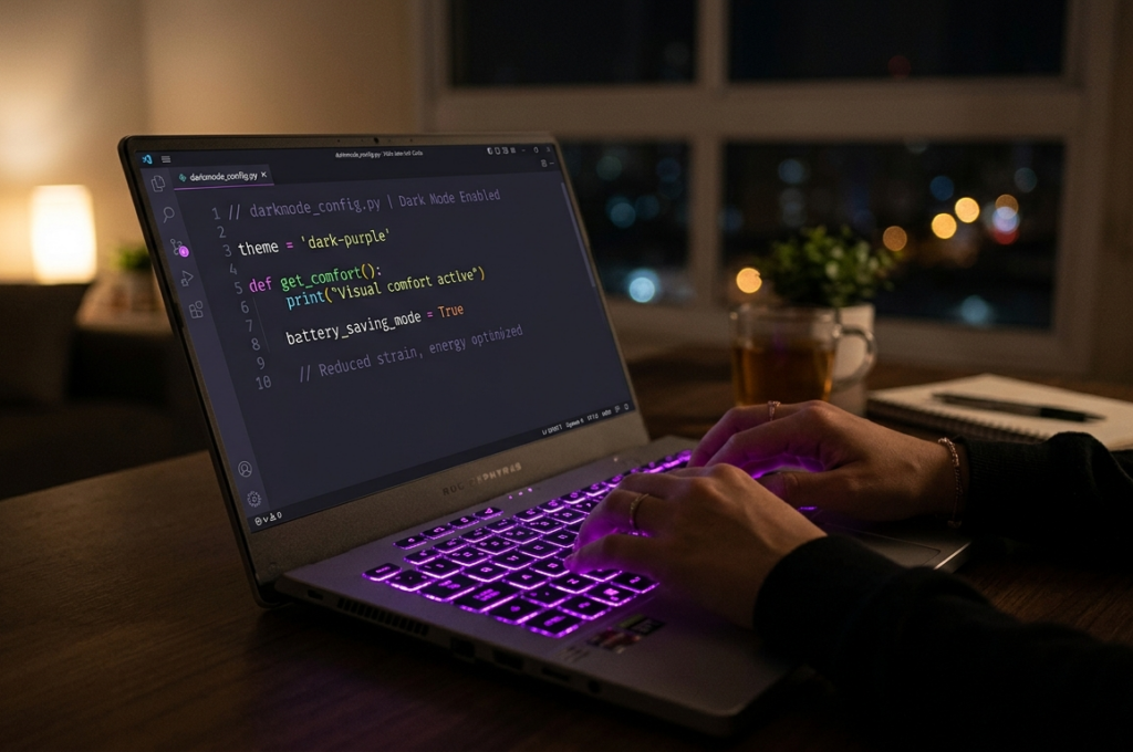 Notebook com teclado retroiluminado em roxo sob baixa luz, representando o uso do Dark Mode para conforto visual e economia de energia.