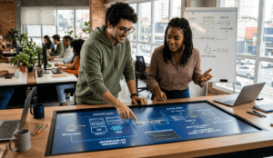 Dois profissionais de tecnologia colaboram usando uma tela touch, representando o conceito de desenvolvimento full stack com integração entre front-end e back-end.