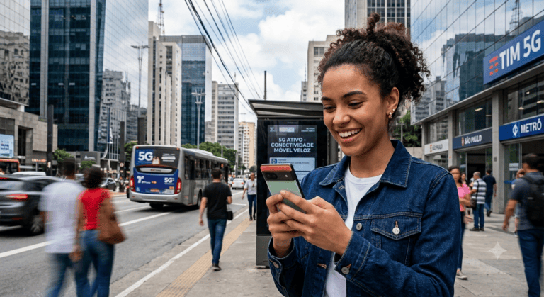 Pessoa utilizando smartphone para baixar um aplicativo em alta velocidade, representando conectividade móvel aprimorada com tecnologia 5G.
