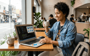 Profissional trabalhando em notebook com café em mãos, representando a agilidade, portabilidade e leveza no desenvolvimento de aplicações através do uso de containers como o Docker.